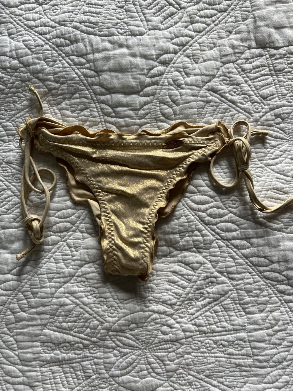 Luli Fama Metallic Gold Bikini Bottom with Branded Plaque